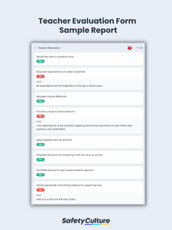 Teacher Evaluation Form Sample Report | SafetyCulture