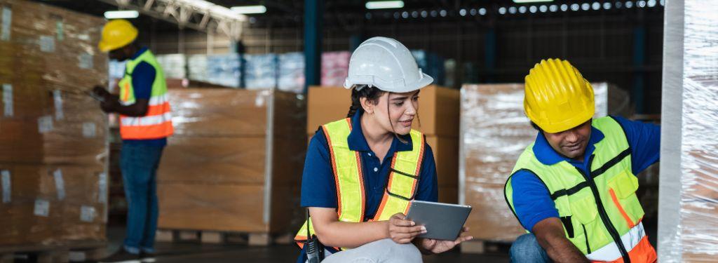 two warehouse managers using a freight management software on tablet