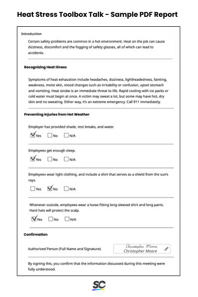 Heat Stress Toolbox Talk - Sample PDF Report