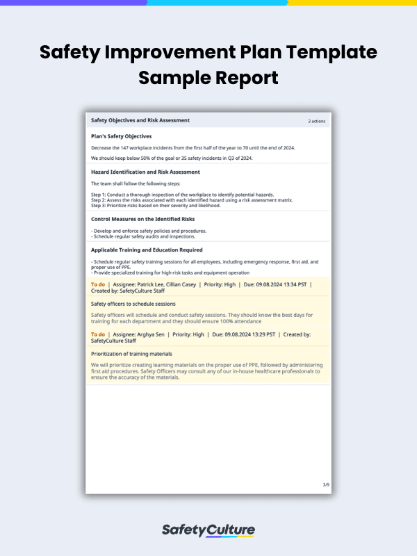 A Sample Report of Safety Improvement Plan Template