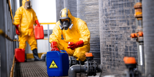 A safety inspector checking chemical safety as part of hazardous materials management