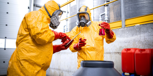 Chemical safety officers inspecting workplace hazards following the process hazard analysis method