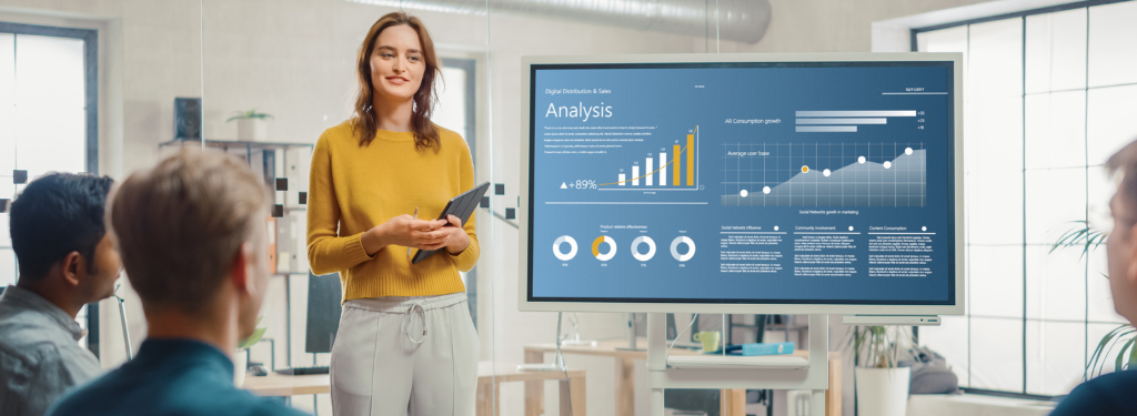 A team meeting on the companies key performance indicators gathered from enterprise reporting software