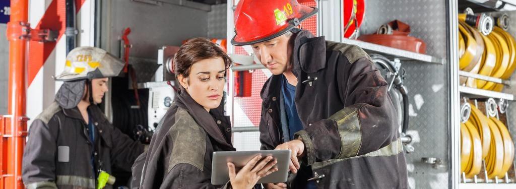 firefighters check their fire department software|BuildOps logo|Fire Station Software logo|FireHouse Manager logo|ICO Fire RMS logo|FireRescue1 Academy logo