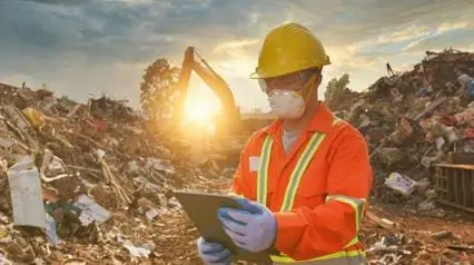 worker managing hazardous waste in landfills