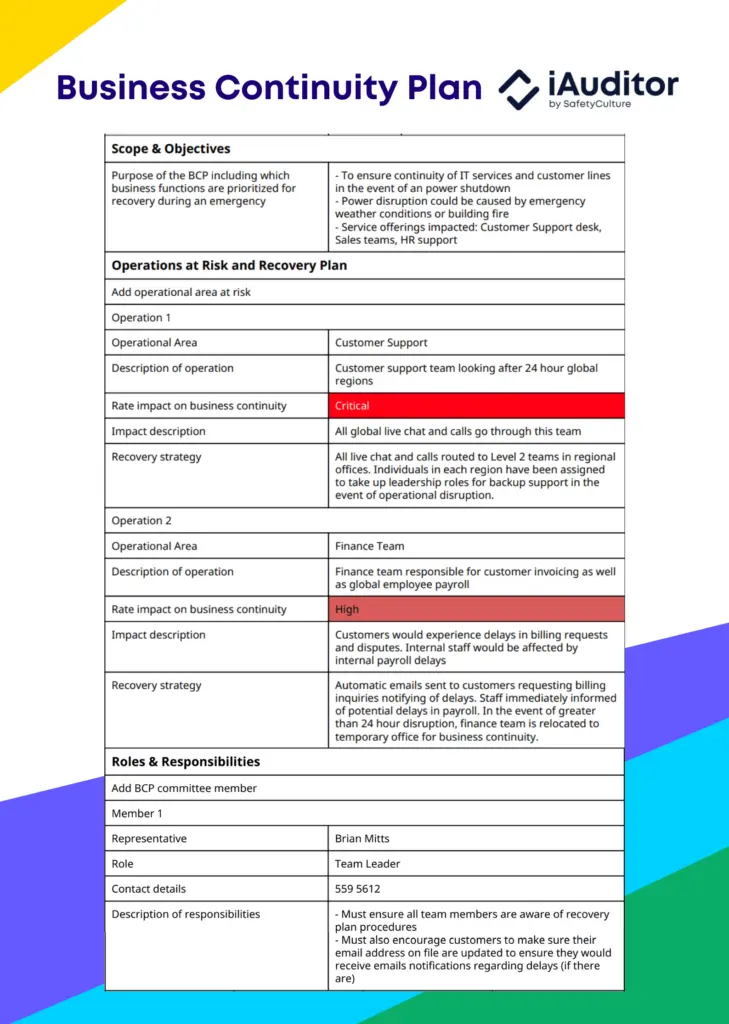 sample business continuity plan template