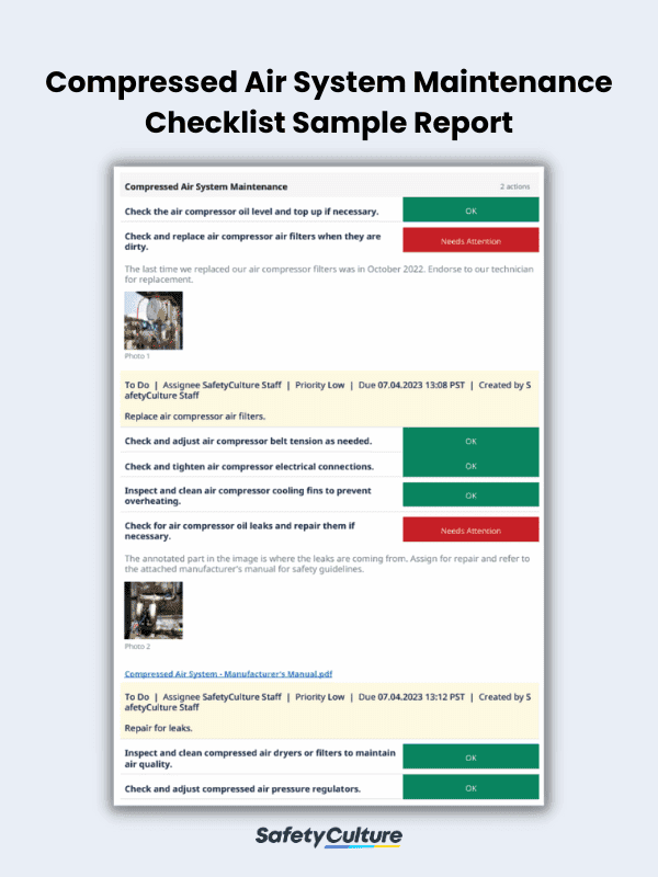 Compressed Air System Maintenance Checklist Sample Report