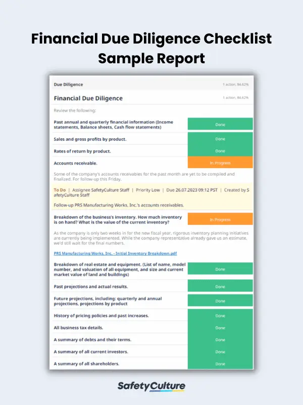 Financial Due Diligence Checklist Sample Report
