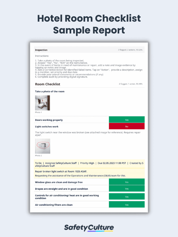Hotel Room Checklist Sample Report