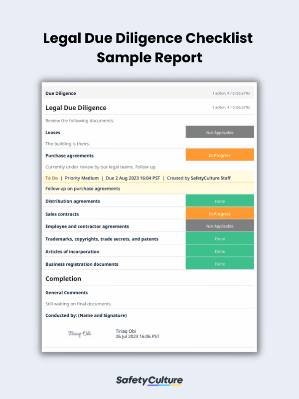 Legal Due Diligence Checklist Sample Report