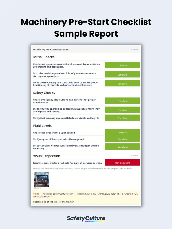 Machinery Pre Start Checklist Sample Report