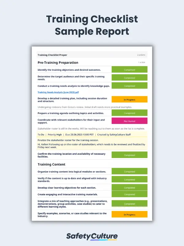 Training Checklist Sample Report