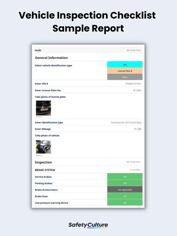 Vehicle Inspection Checklist Sample Report