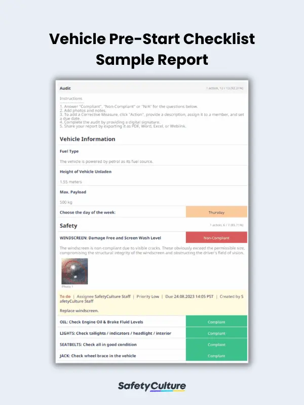 Vehicle Pre Start Checklist Sample Report