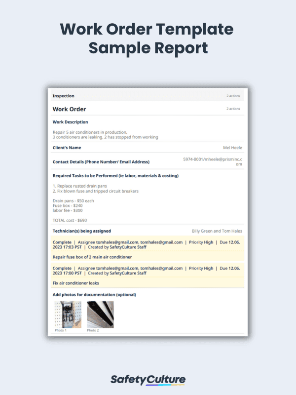 Work Order Template Sample Report