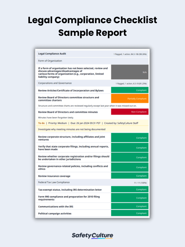 Legal Compliance Checklist Sample Report | SafetyCulture