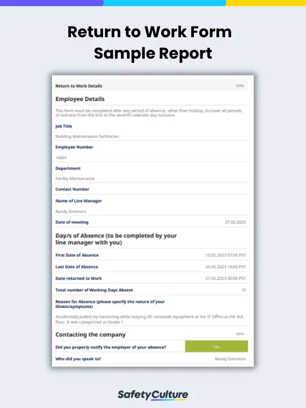 Employee Return to Work Form Sample Report