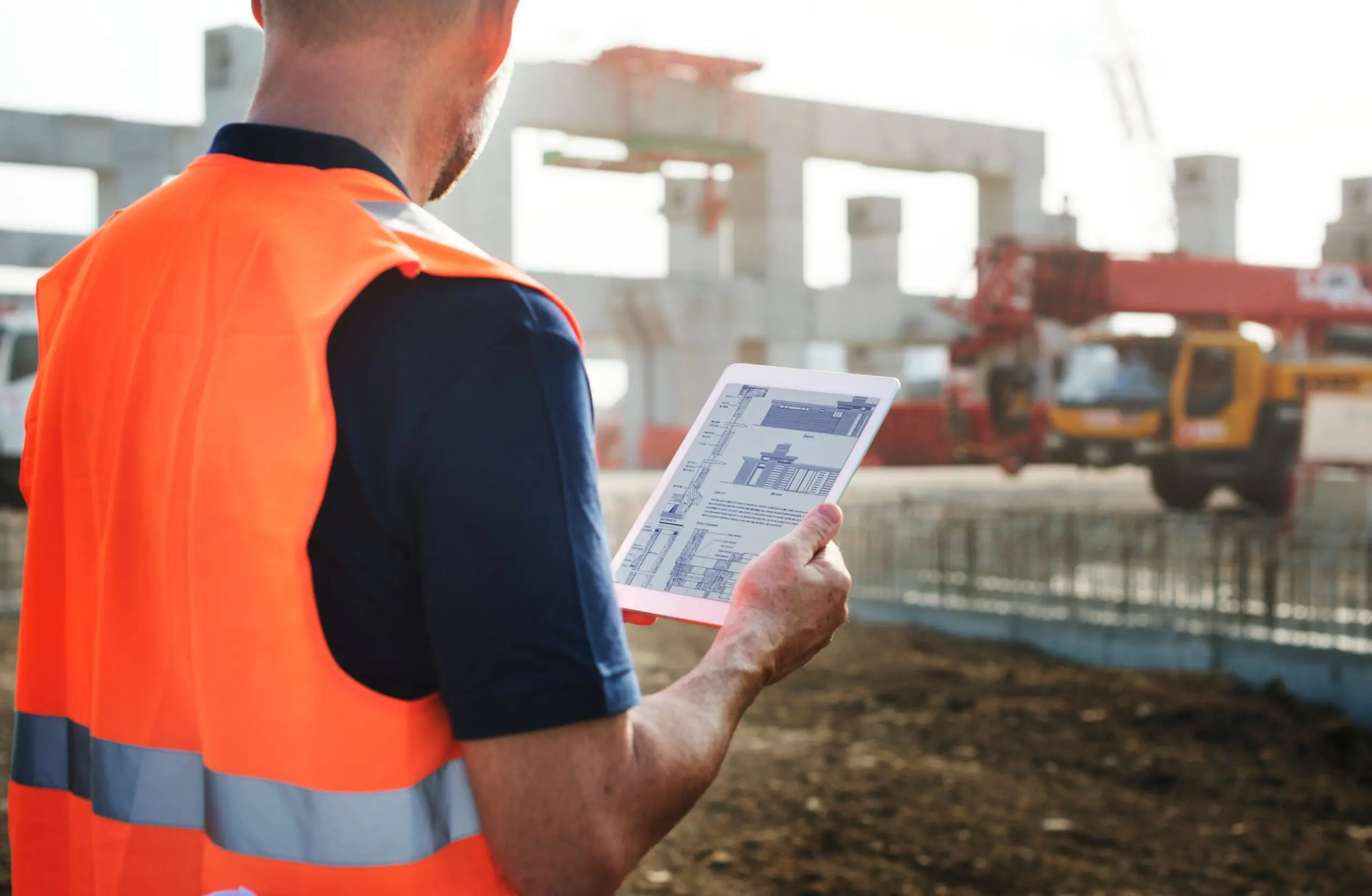 a construction project engineer conducting an on-site inspection with the help of project management software for enterprise using a tablet
