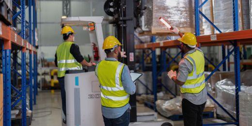 workers in warehouse conducting a resource management inspection