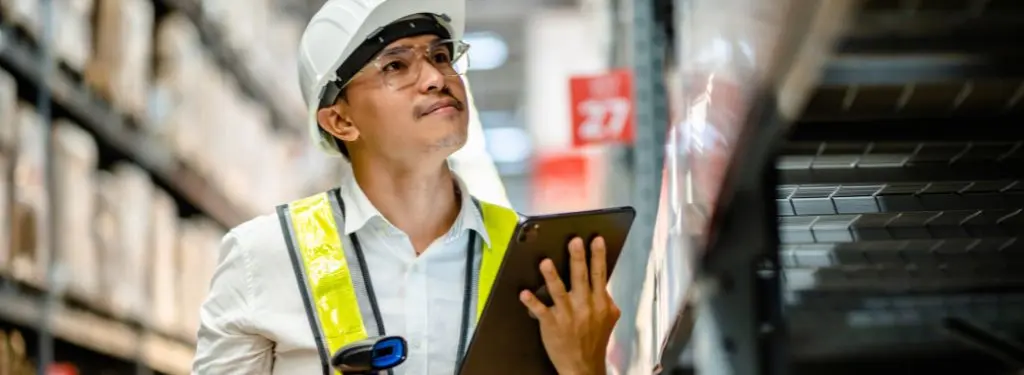 a warehouse manager conducting supplier audits using supplier audit management software on tablet