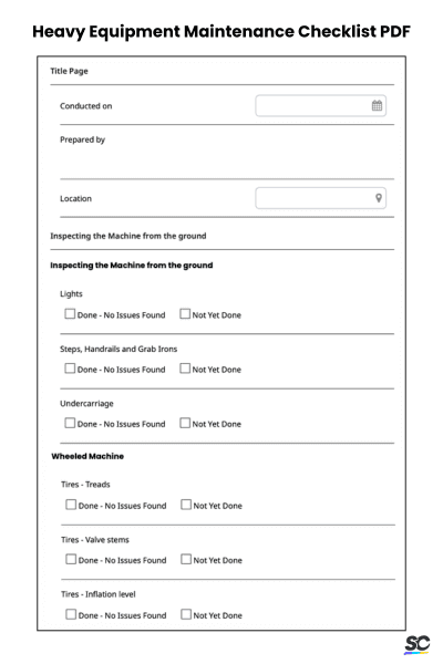 Heavy Equipment Maintenance Checklist PDF