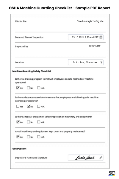 OSHA Machine Guarding Checklist - Sample PDF Report