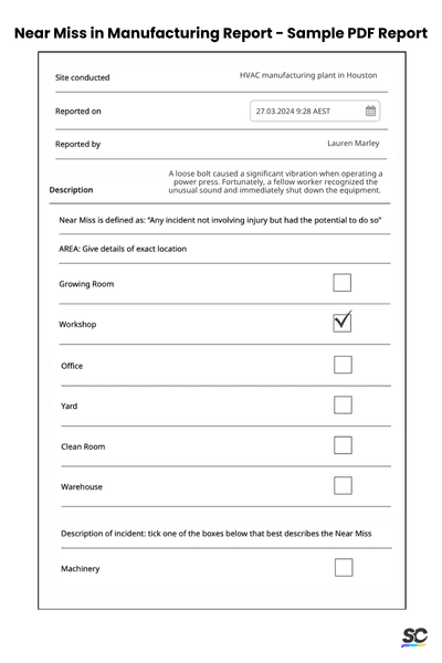 near miss in manufacturing example pdf report