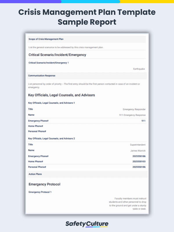 crisis management plan template sample report