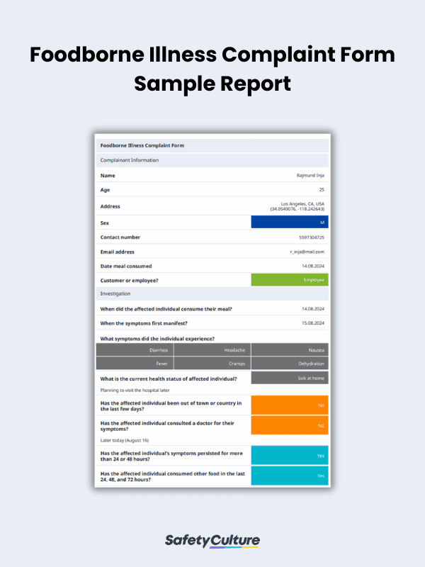 Foodborne Illness Complaint Form Sample Report | SafetyCulture