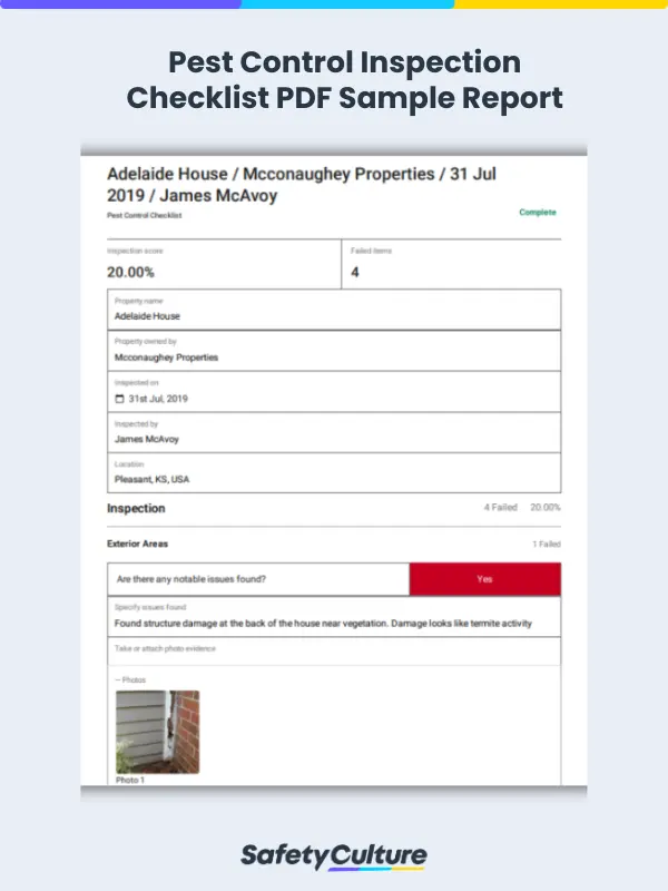 Pest Control Inspection Checklist PDF Sample Report