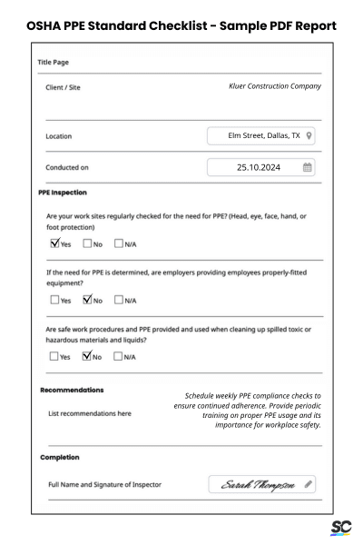 OSHA PPE Standard PDF Checklist - Sample PDF Report
