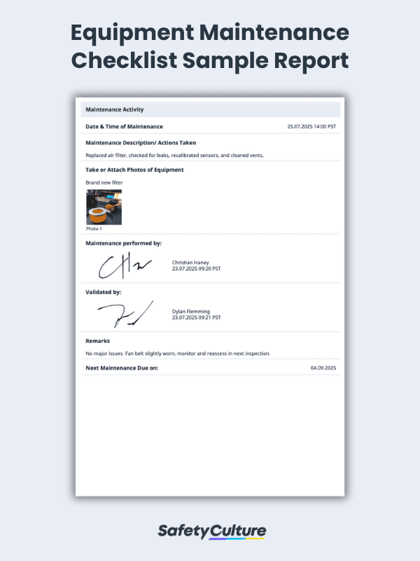 Equipment Maintenance Checklist Sample Report - PDF