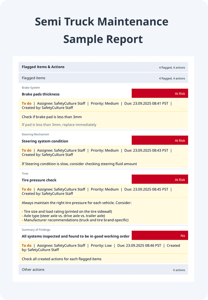 Semi-Truck Maintenance Checklist Sample Report