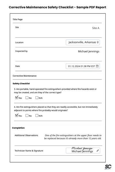 Corrective Maintenance Safety Checklist - Sample PDF Report