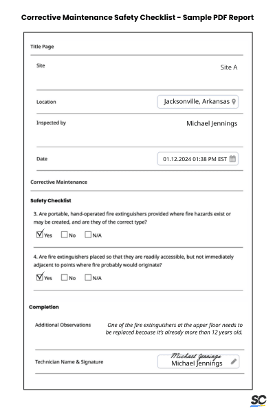 Corrective Maintenance Safety Checklist - Sample PDF Report