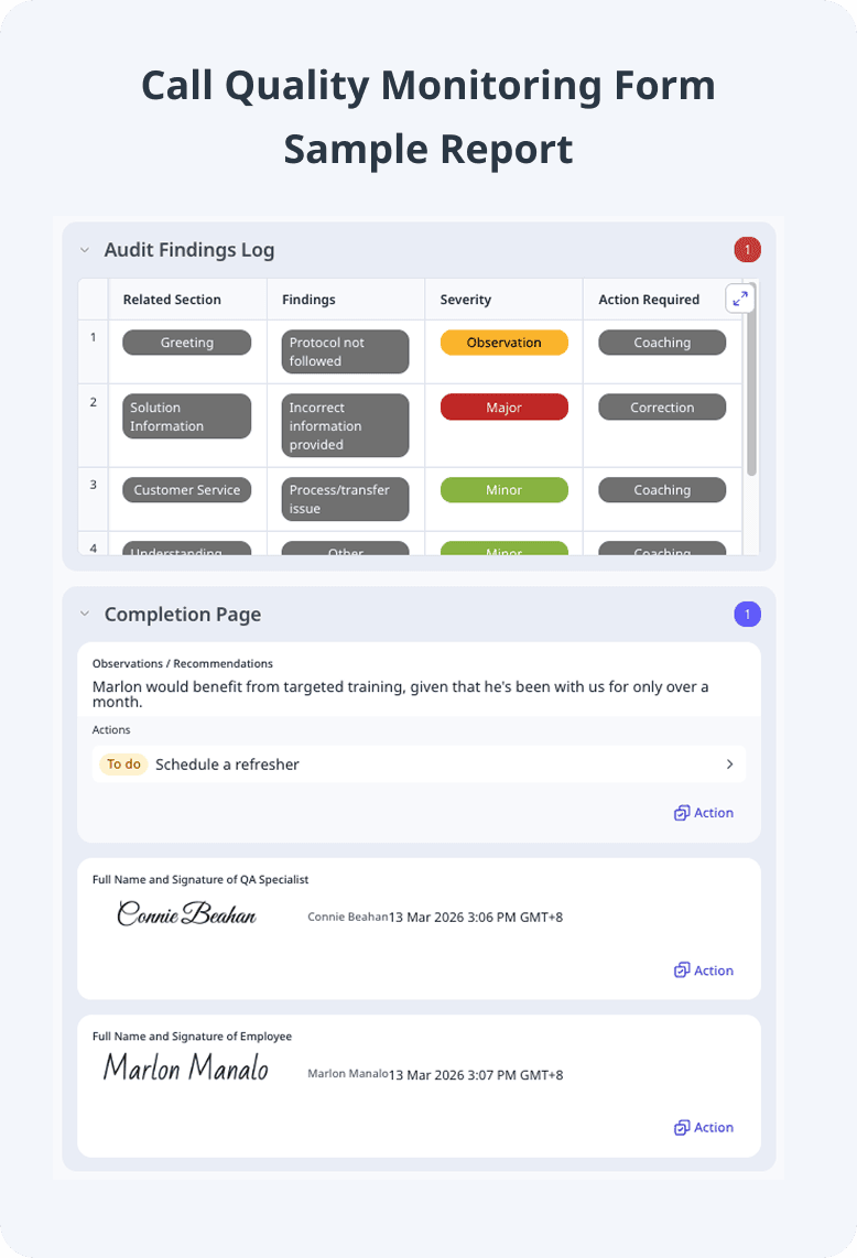 Call Quality Monitoring Form Sample Report