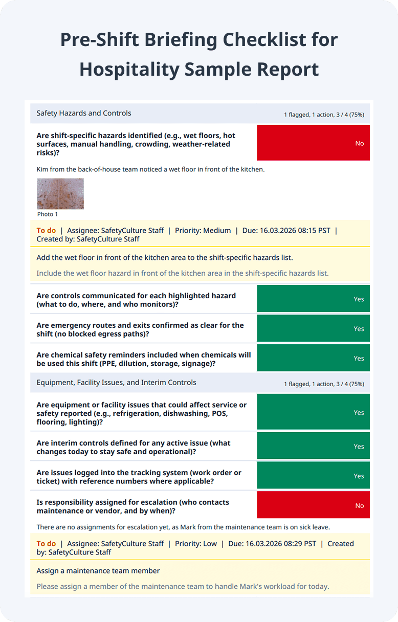 Pre-Shift Briefing Checklist for Hospitality Sample Report