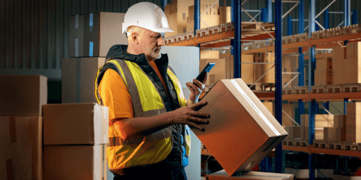 Warehouse worker scanning a cardboard box with a mobile device.