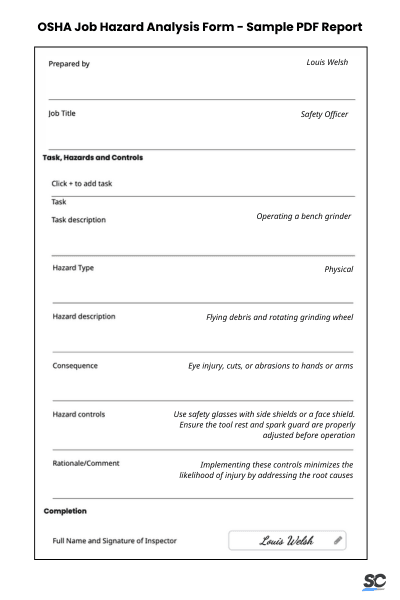 OSHA Job Hazard Analysis Form - Sample PDF Report