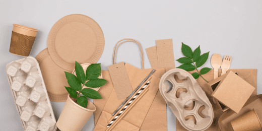 A variety of recyclable and biodegradable packaging items, such as paper plates, cups, straws, and containers, arranged with green leaves to represent sustainability and eco-friendly practices.