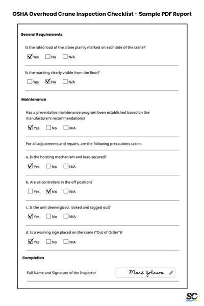 OSHA Overhead Crane Inspection Checklist - Sample PDF Report
