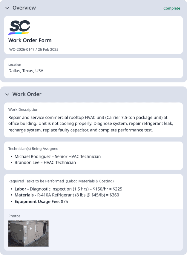 Work Order Form Digital Report