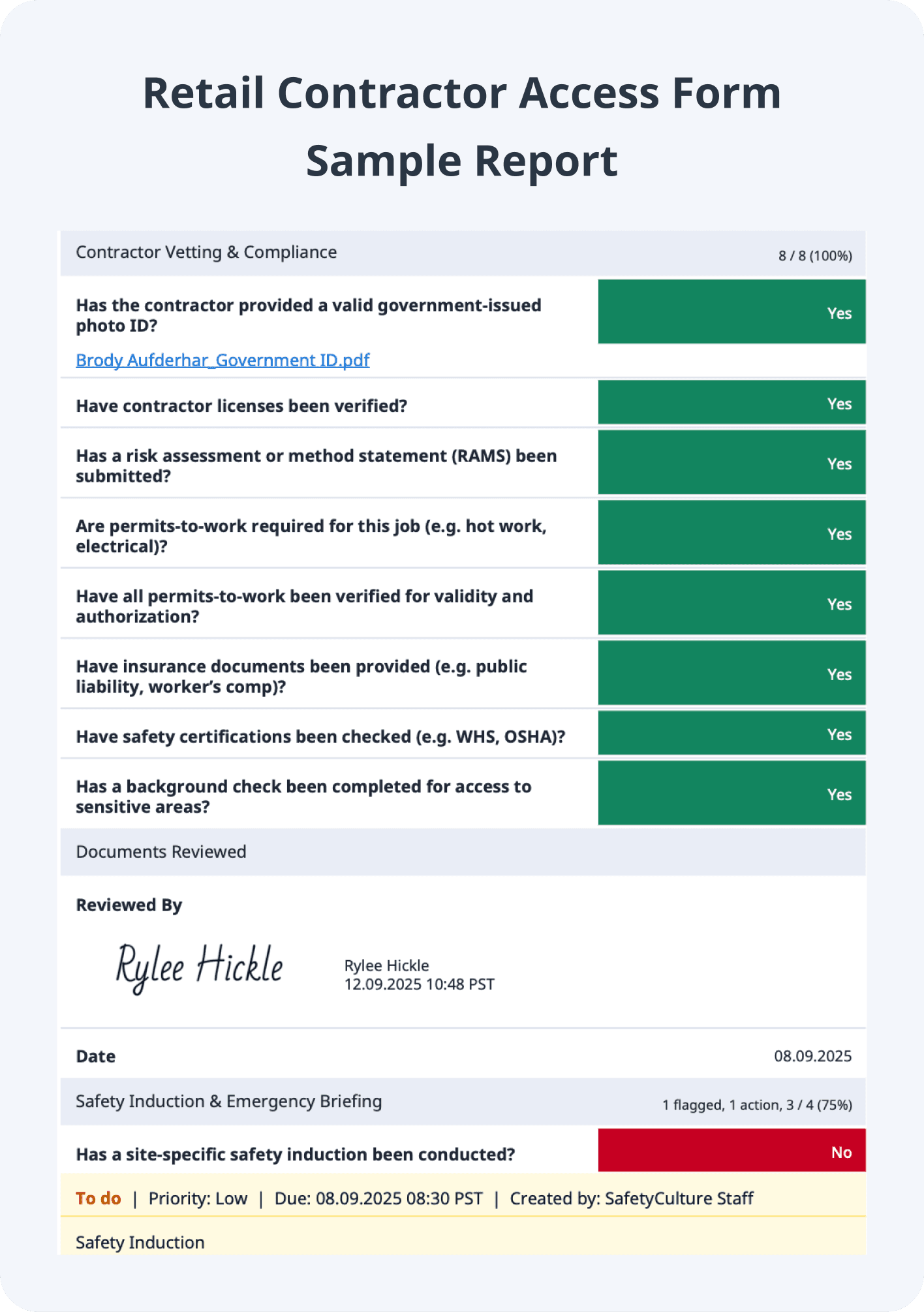 Retail Contractor Access Form Sample Report