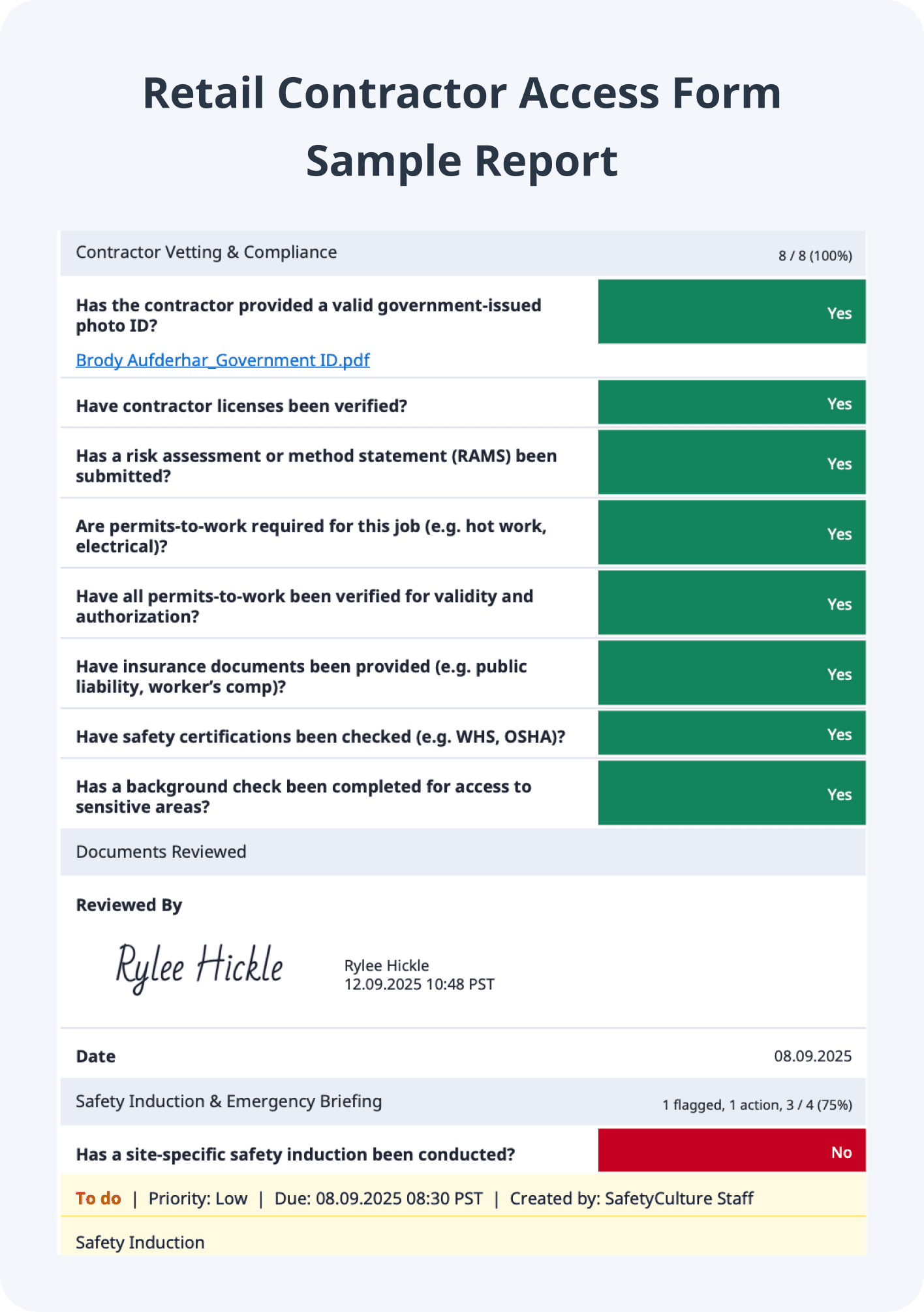 Retail Contractor Access Form Sample Report