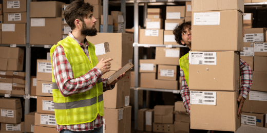 Two workers in a warehouse inspecting and preparing boxed items for delivery readiness