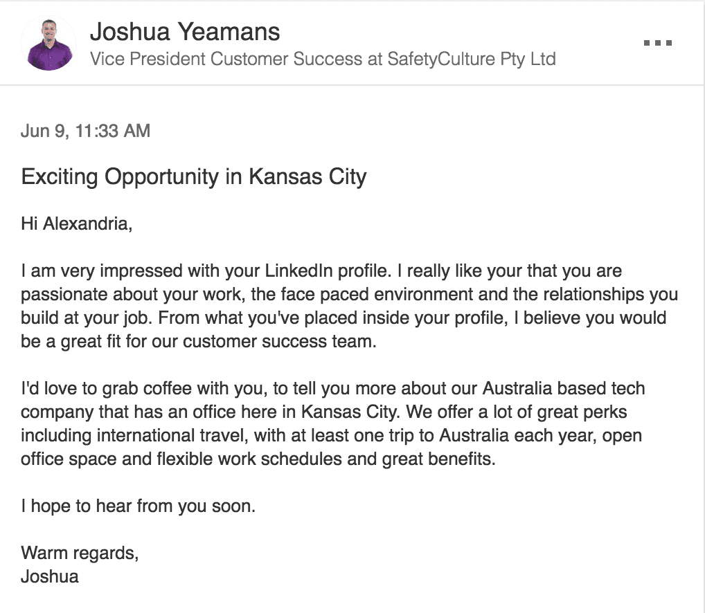 Alex's linkedin post from Josh about a job offer.