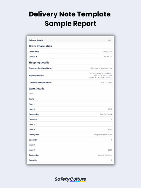 Delivery Note Template Sample Report