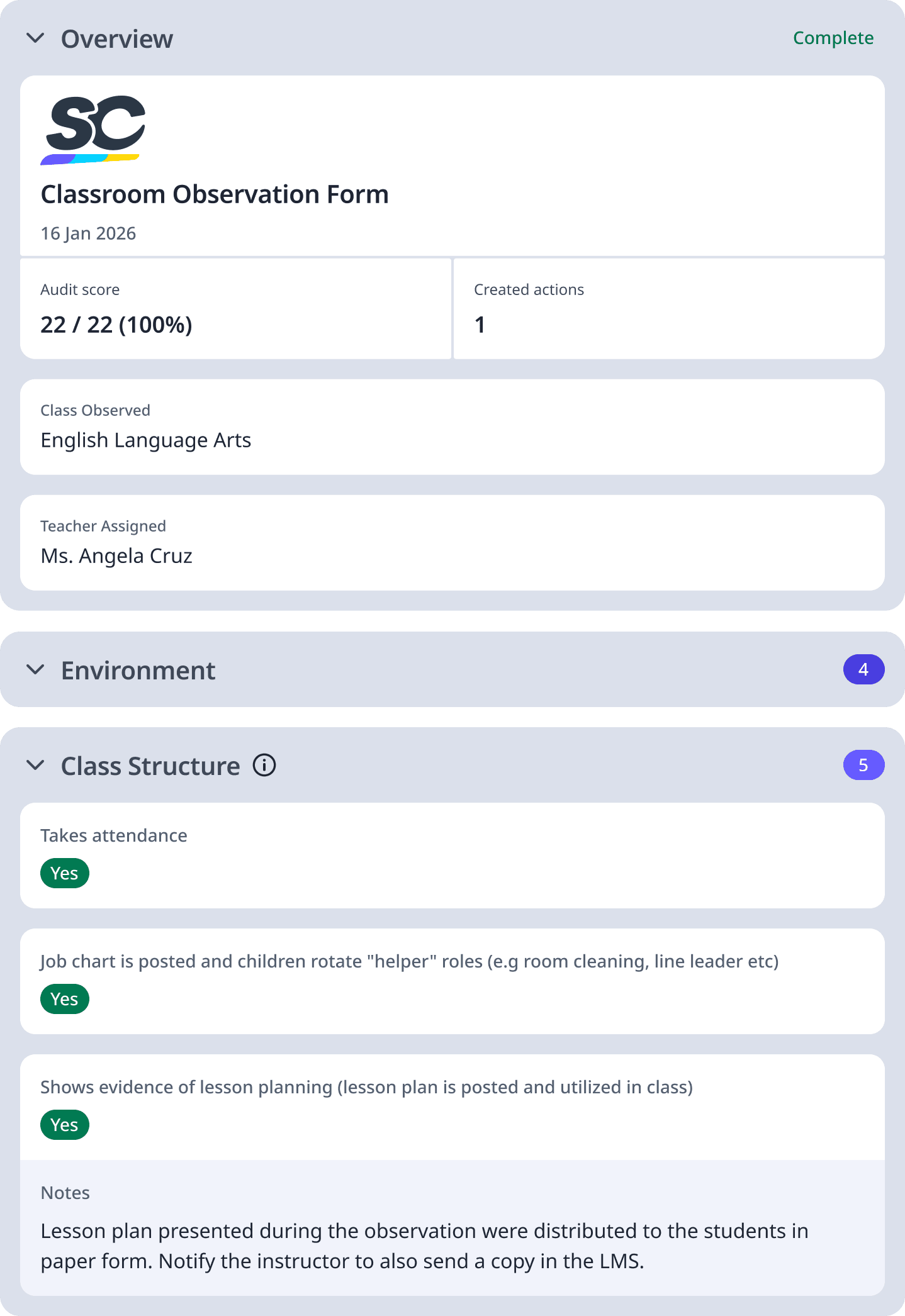 Classroom Observation Form
