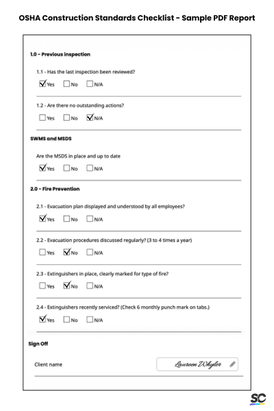 OSHA Construction Standards Checklist - Sample PDF Report
