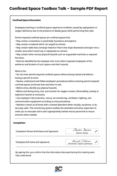 Confined Space Toolbox Talk - Sample PDF Report